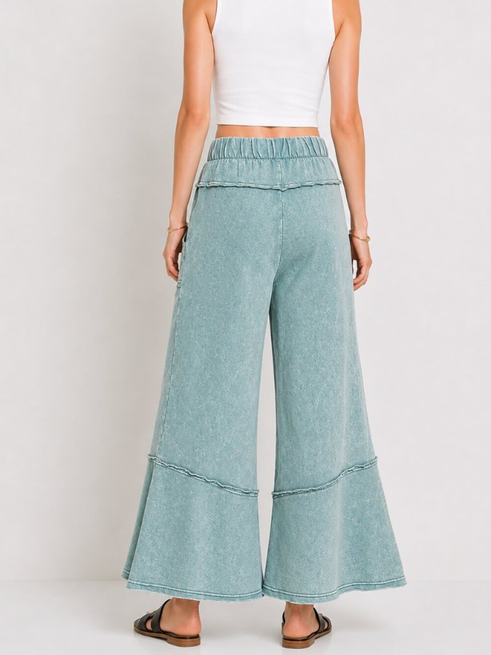 Zenana Mineral Wash Cotton Wide Leg Boho Pants Raw Seam Ruffle Hem - Picture 3 of 9